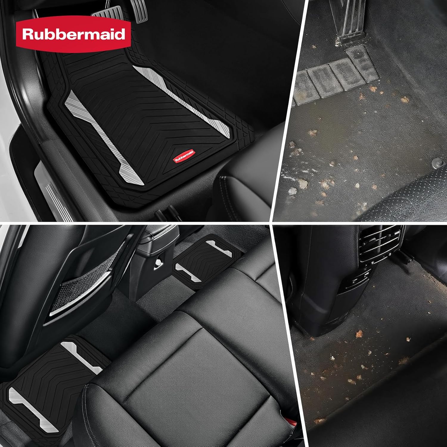 Rubbermaid Car Floor Mat, Heavy Duty All-Weather Car Mats Full Set with Dual-Tone Sliver Aluminum Inserts – Universal Fit, Anti-Slip Backing, Trim-to-Fit for Most SUV, Sedan, Van