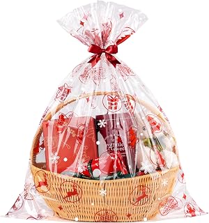 CUDICY Christmas Cellophane Gift Bags 10pcs Large Holiday Gift Wrap 24x30 Inch Clear Gift Basket Wrapping Plastic (Christmas Ball)