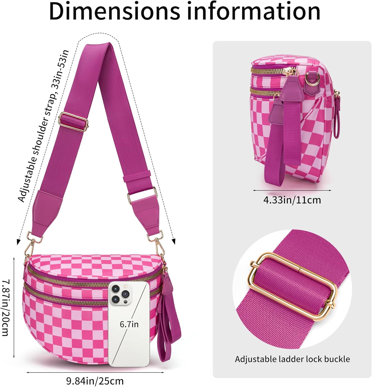 Crossbody bags for women,Checkered crossbody bag,Checkered Bum bag,Large Pockets Sling Casual Travel Outdoor (NeonRose) - Image 3