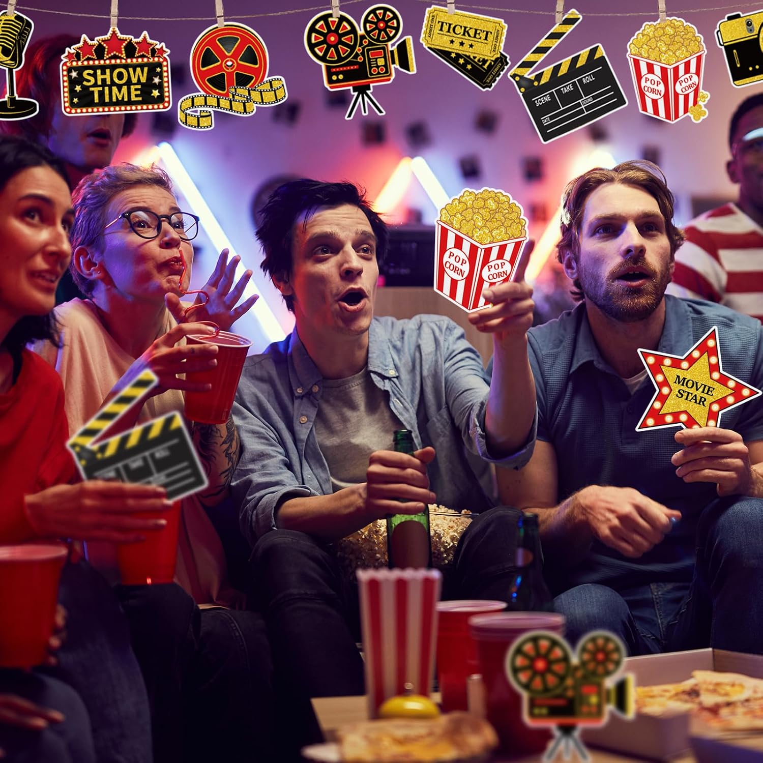 40 Pieces Movie Night Decorations Red Carpet Cutouts Cards Table Toppers Movie Theme Decor Double Sided Printing Party Decoration Supplies