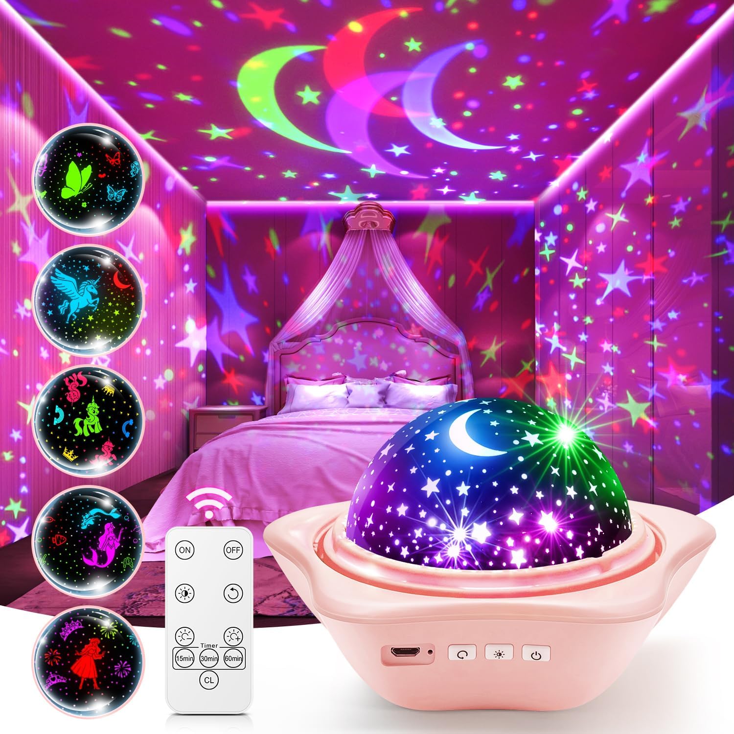 PIKOY Night Light for Kids, 90 Modes+6 Films+Dimmer+Timer+Remote Kids Night Light Projector, Rechargeable Built-in Battery+360° Silent Rotation Butterfly/Princess/Mermaid Room Decor,Girl Toys/Gifts