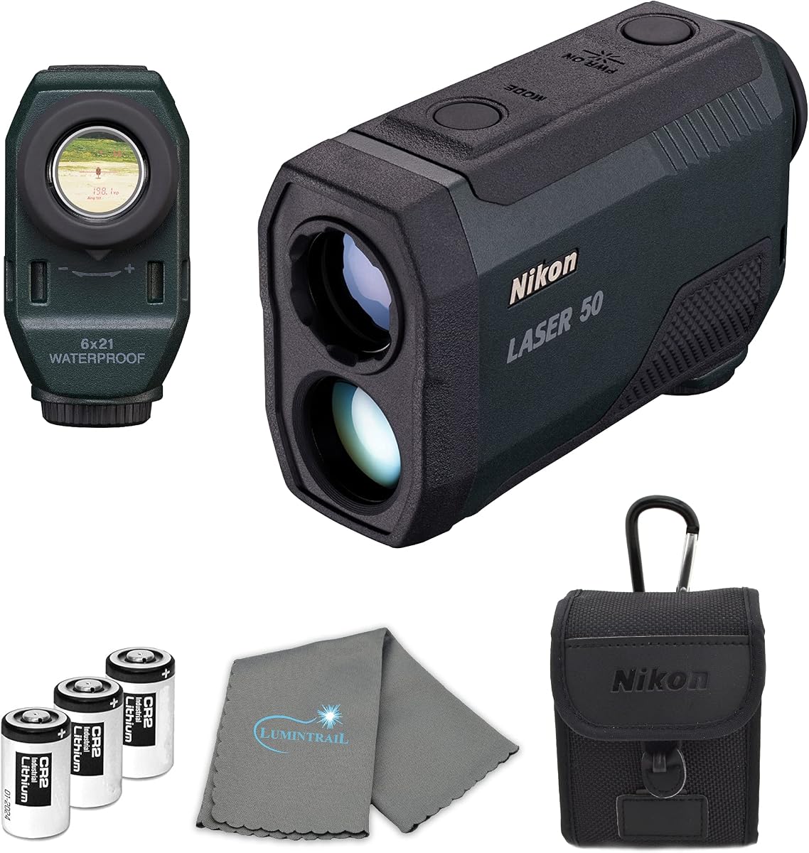 Laser 50 Laser Rangefinder (16754) Bundle with 3 Extra Batteries, Carrying Case, and Lens Cloth - 6X Magnification, Waterproof, Wide FOV, Quick Stable Measuring, First and Distant Target Modes