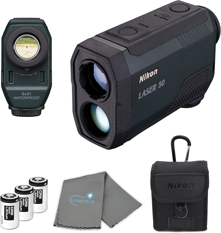 Laser 50 Laser Rangefinder (16754) Bundle with 3 Extra Batteries, Carrying Case, and Lens Cloth - 6X Magnification, Waterproof, Wide FOV, Quick Stable Measuring, First and Distant Target Modes