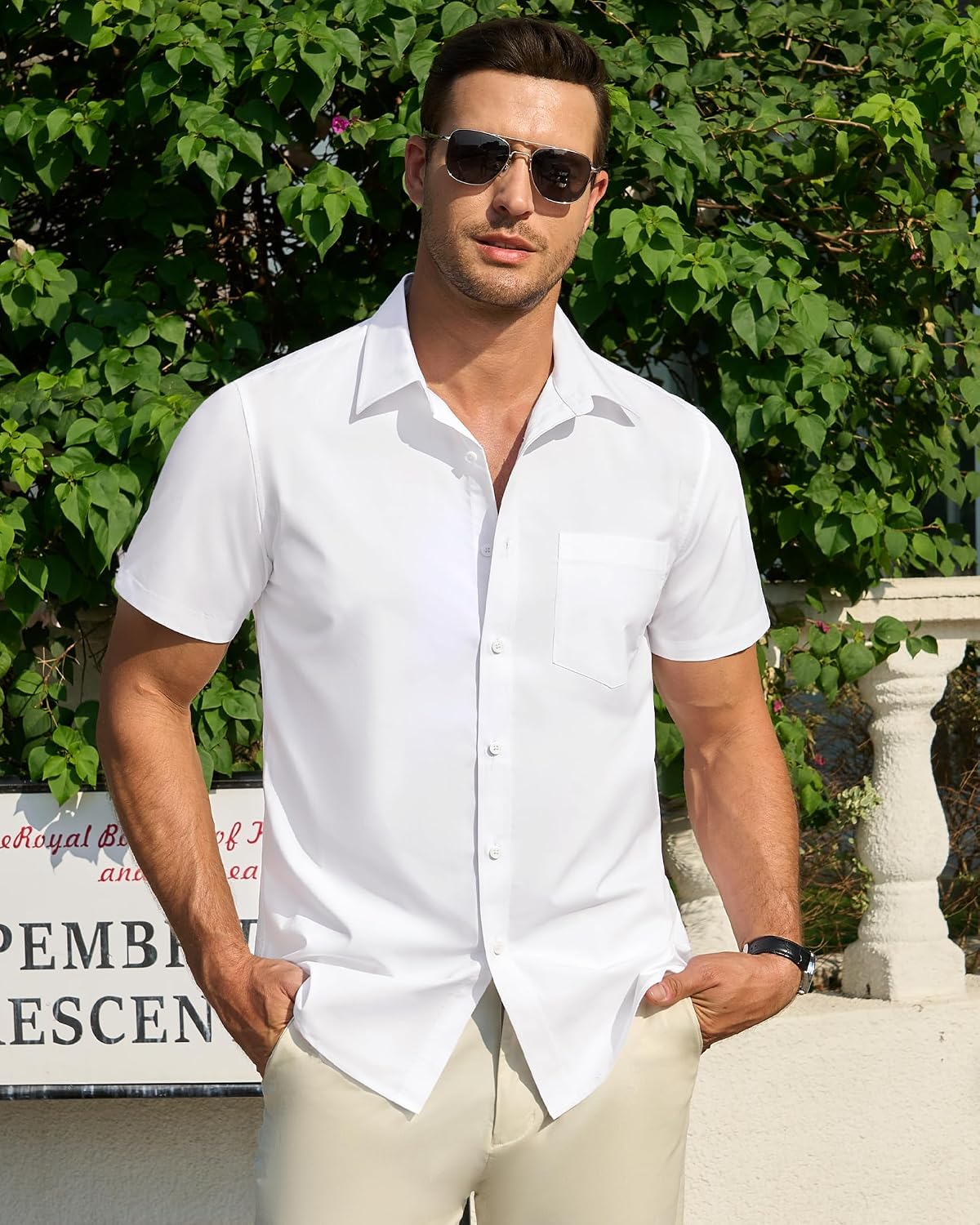 DEMEANOR Mens Short Sleeve Dress Shirts Cotton Solid Casual Summer Wedding Button Down Shirt with Pocket