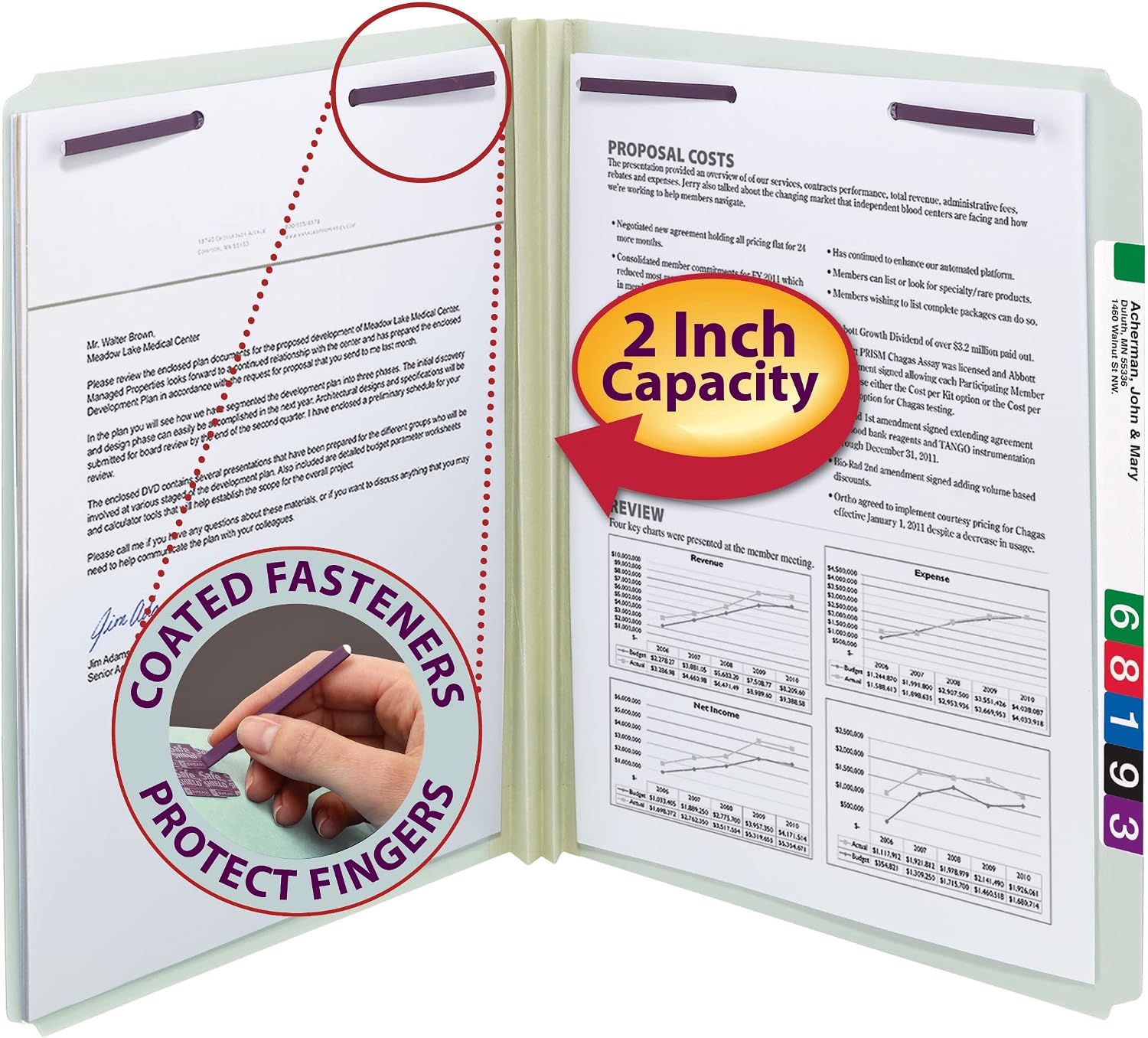Smead Pressboard Fastener File Folder with SafeSHIELD Fasteners, 2 Fasteners, Straight-Cut Tab, 2" Expansion, Letter Size, Gray/Green, 25 per Box (14910)