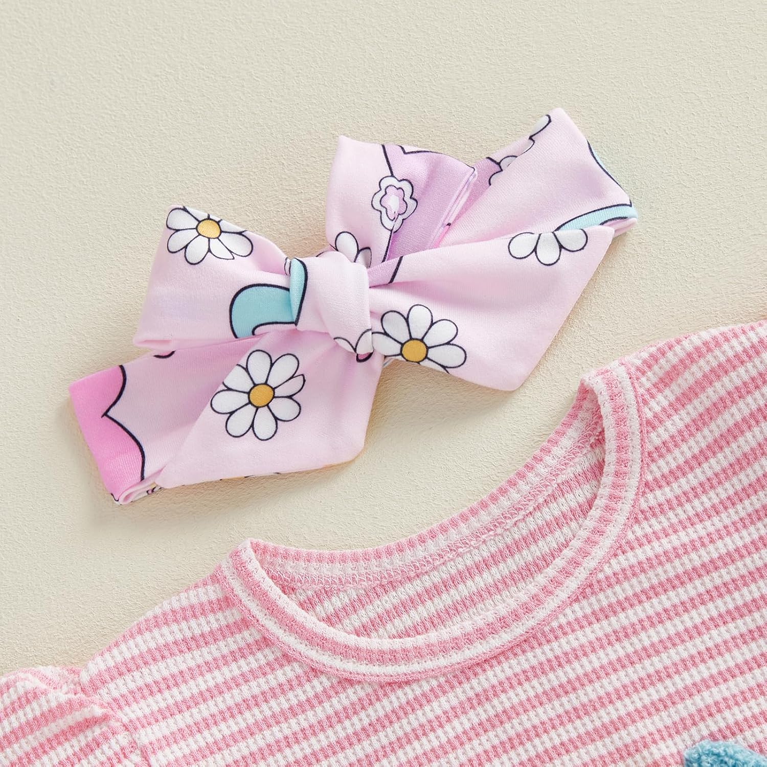 Sasaerucure Newborn Infant Baby Girl Easter Outfit Short Sleeve Bunny Romper + Flare Pants + Headband 3Pcs Clothes - Image 3