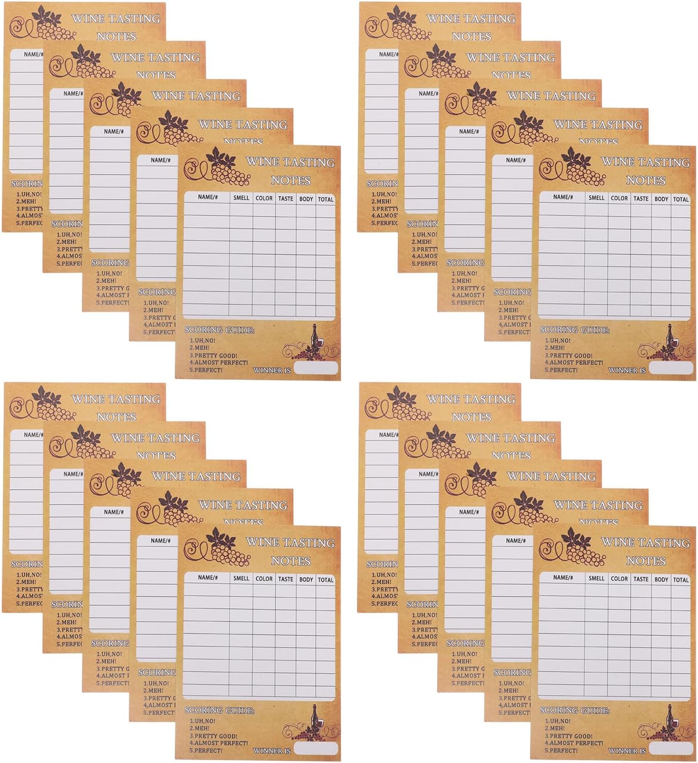 Ciieeo 30pcs Wine Tasting Score Cards with Aroma Notes and Feedback Sections, Brown Paper Assessment Sheets for Wine Tasting Events and Amateur Tasters