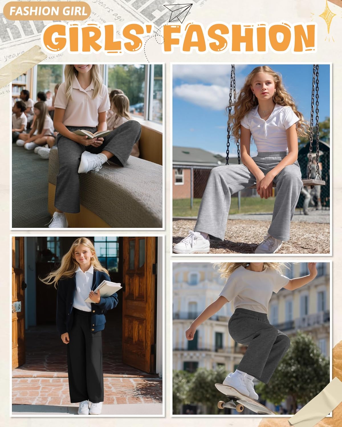 3 Pack Girl's Wide Leg Pants Summer Elastic Waist Sweatpants Lightweight Loose Trousers with Pockets 5-14 Years