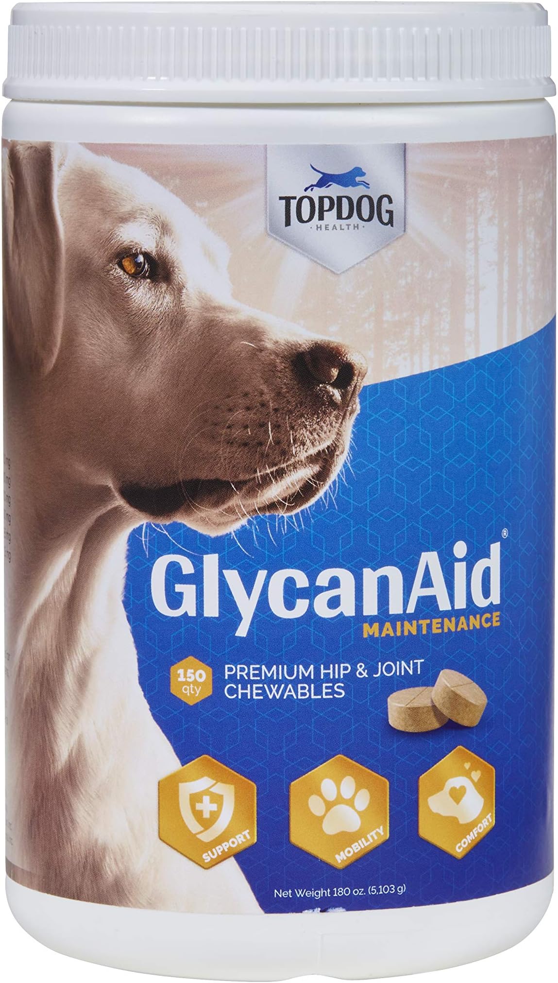 TopDog Health GlycanAid Maintenance Joint Nutrition for Dogs (150 Chewable Tablets), Made in USA-USA Ingredients: Glucosamine HCL, Chondroitin Sulfate, MSM & Vitamin C