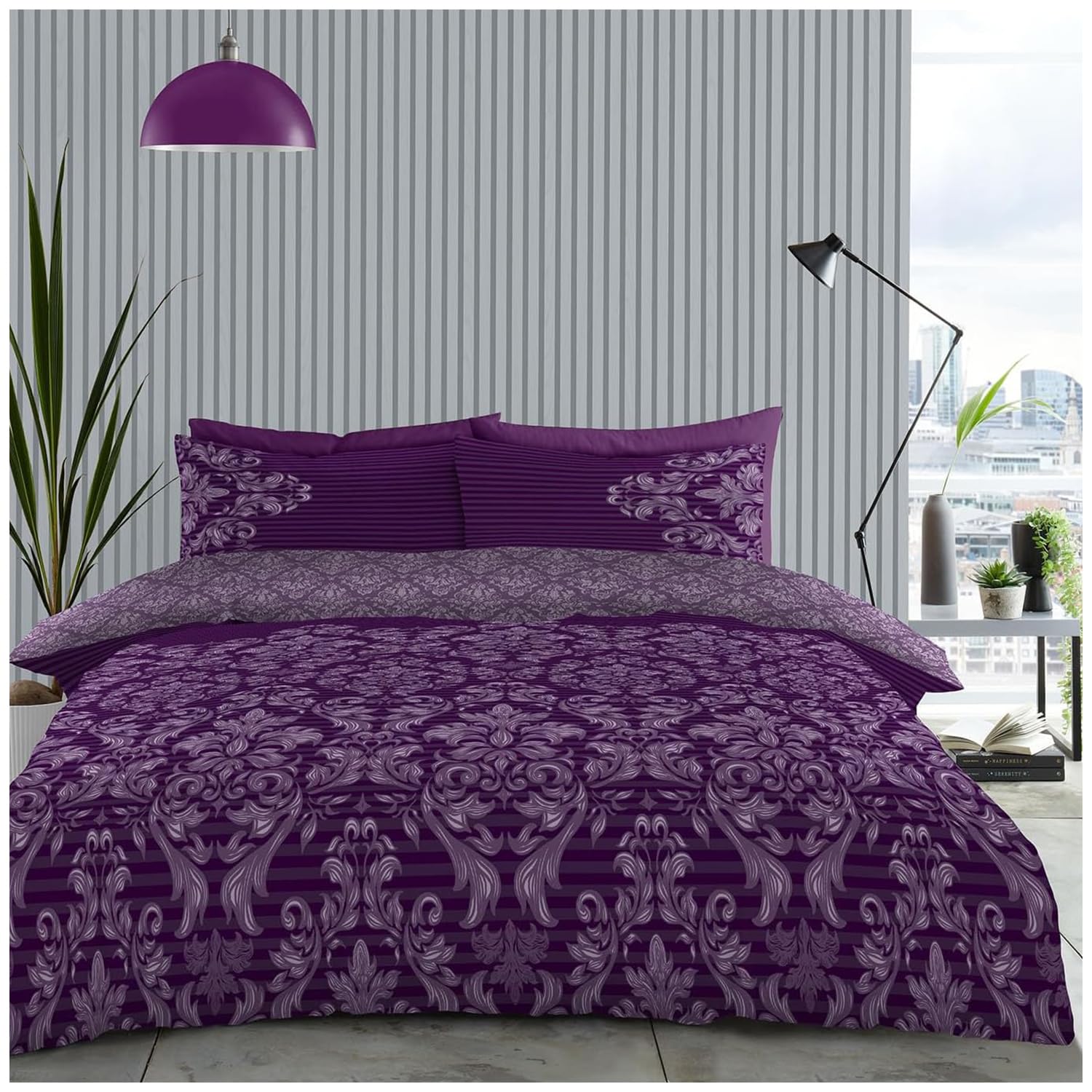 Gc Gaveno Cavailia Empire Damask Purple Damask Floral Double Duvet Cover Set With Super Soft Pillowcases - Easycare Reversible Botanical Striped Bedding Sets - Purple