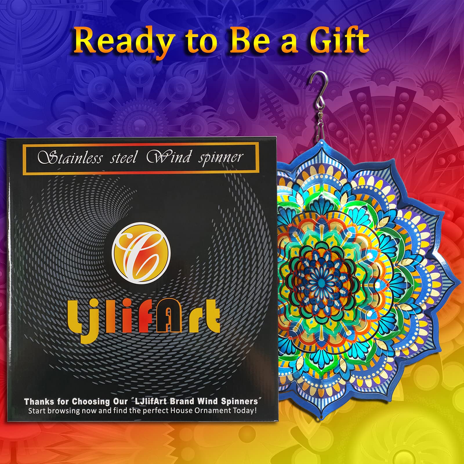 LJlifArt Wind Spinner Mandala Blossom 12 inch 3D Stainless Steel Worth Gift Laser Cut Hanging Wind Spinners Metal Kinetic Yard Art Decorations Indoor/Outdoor Décor