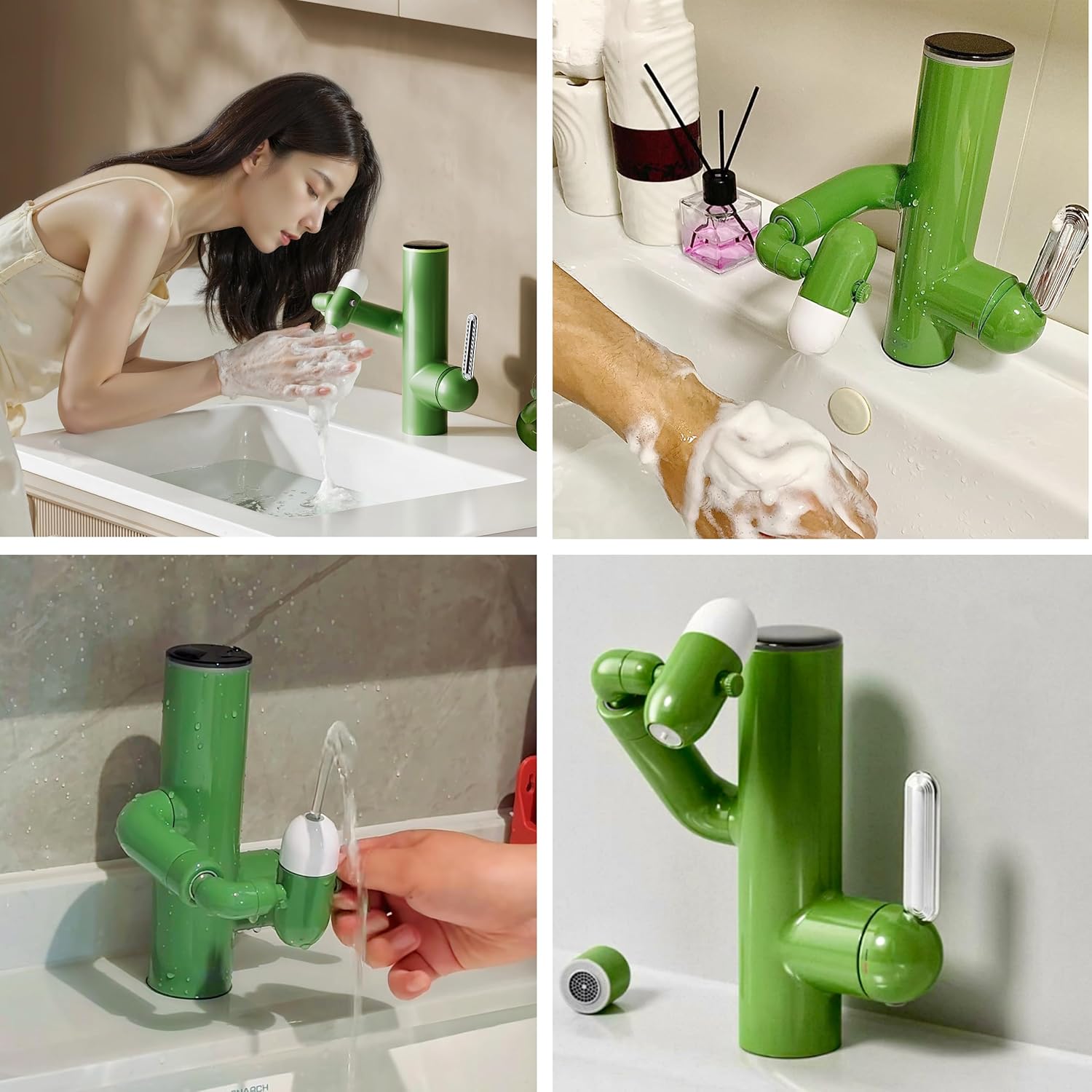 Modern Single Hole Bathroom Faucet - Brass Vessel Sink Mixer Tap, 360° Rotatable Spout,Green Cactus Bathroom Faucet with 2 Water Modes, Lavatory Faucet with Supply Hoses, Easy DIY Install