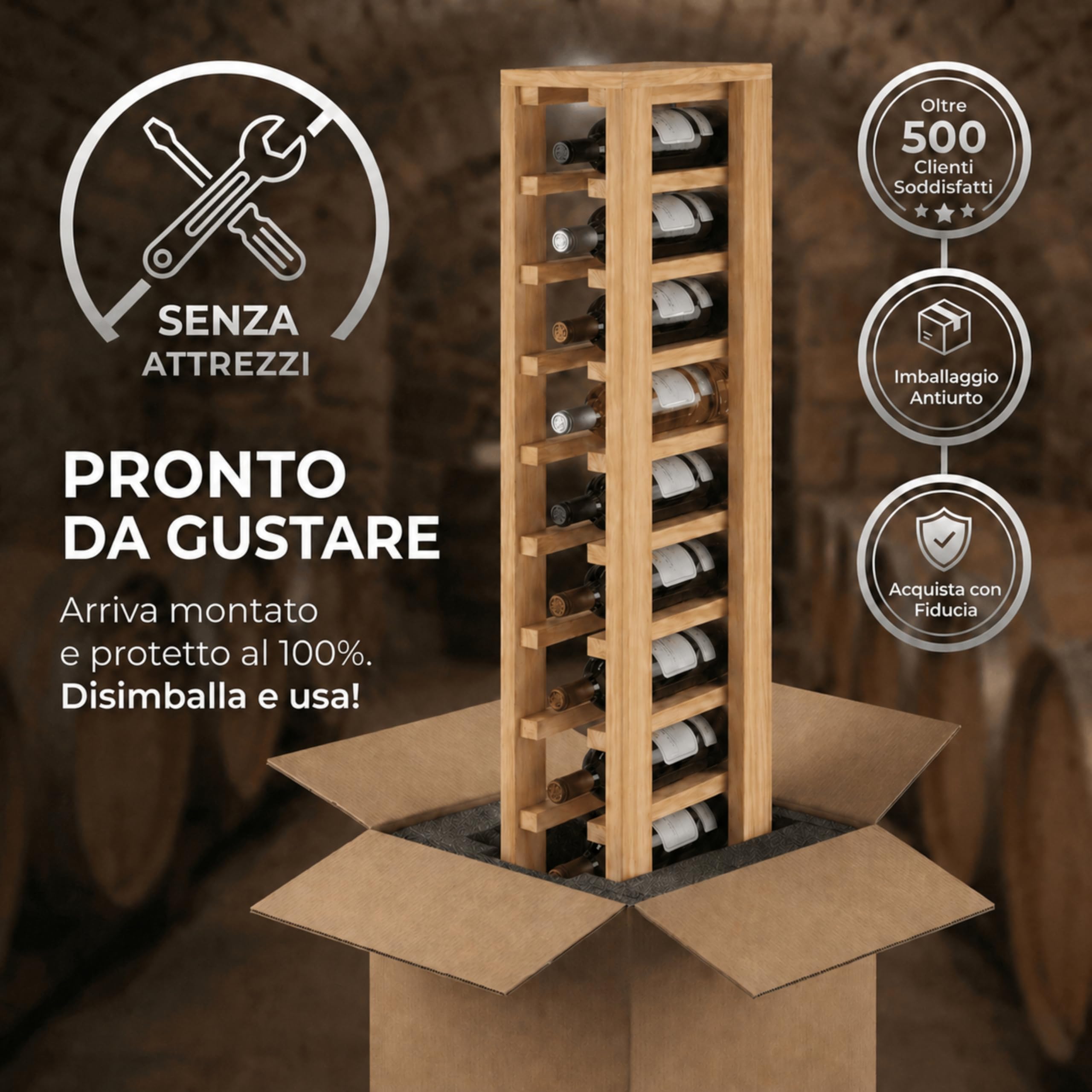 Portabottiglie in legno di quercia, 12 x 32 x 105 cm