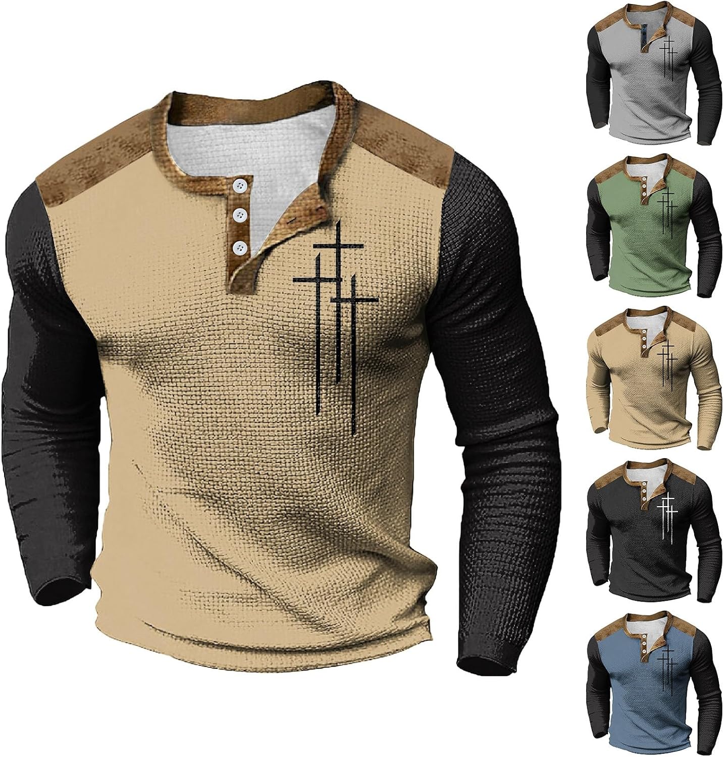Waffle Henley Shirts for Men Cross Graphic Button V Neck Tshirt Long Sleeve Casual Trendy Raglan Tee Color Block Tops