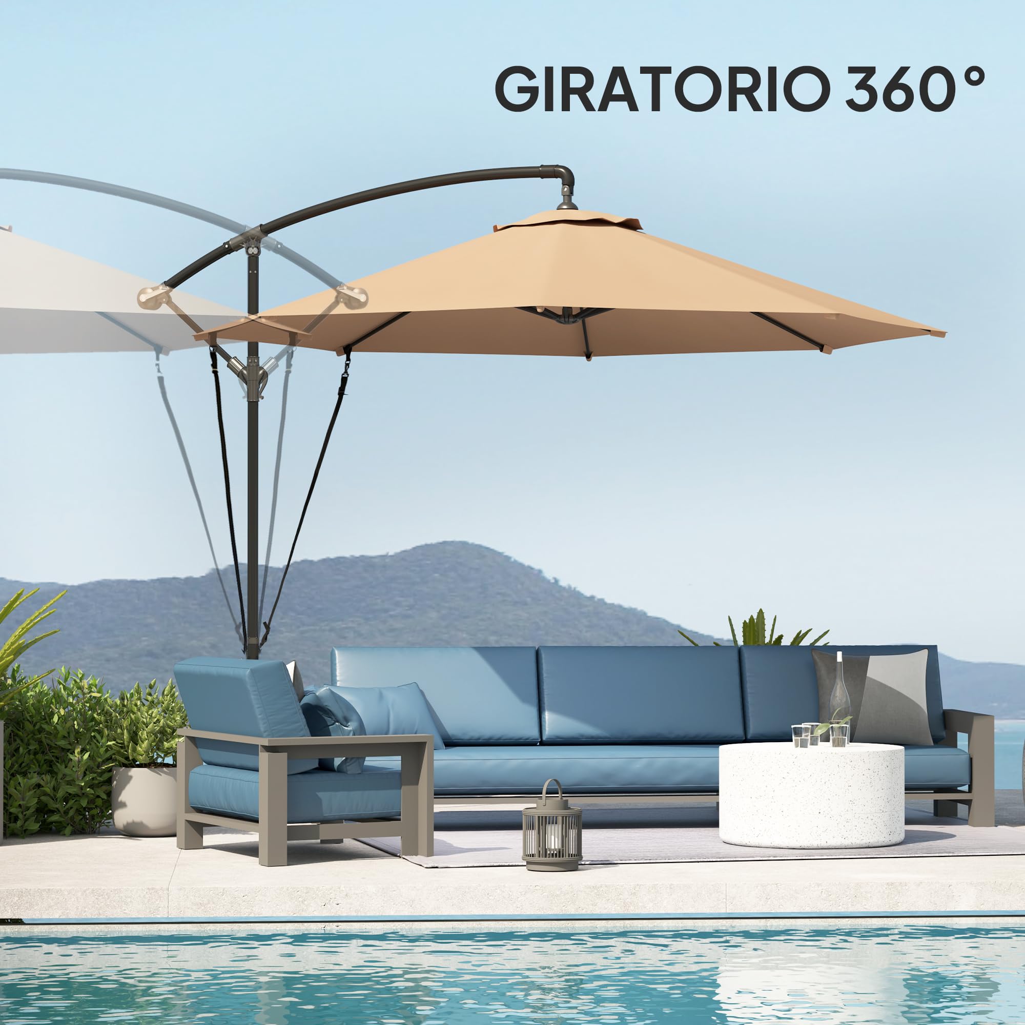 Outsunny Parasol Excéntrico Ø 290 cm Sombrilla de Jardín con Base Cruzada Toldo Giratorio 360° Manivela Funda Protectora y Cuerda de Viento Anti-UV 50+ para Terraza Patio