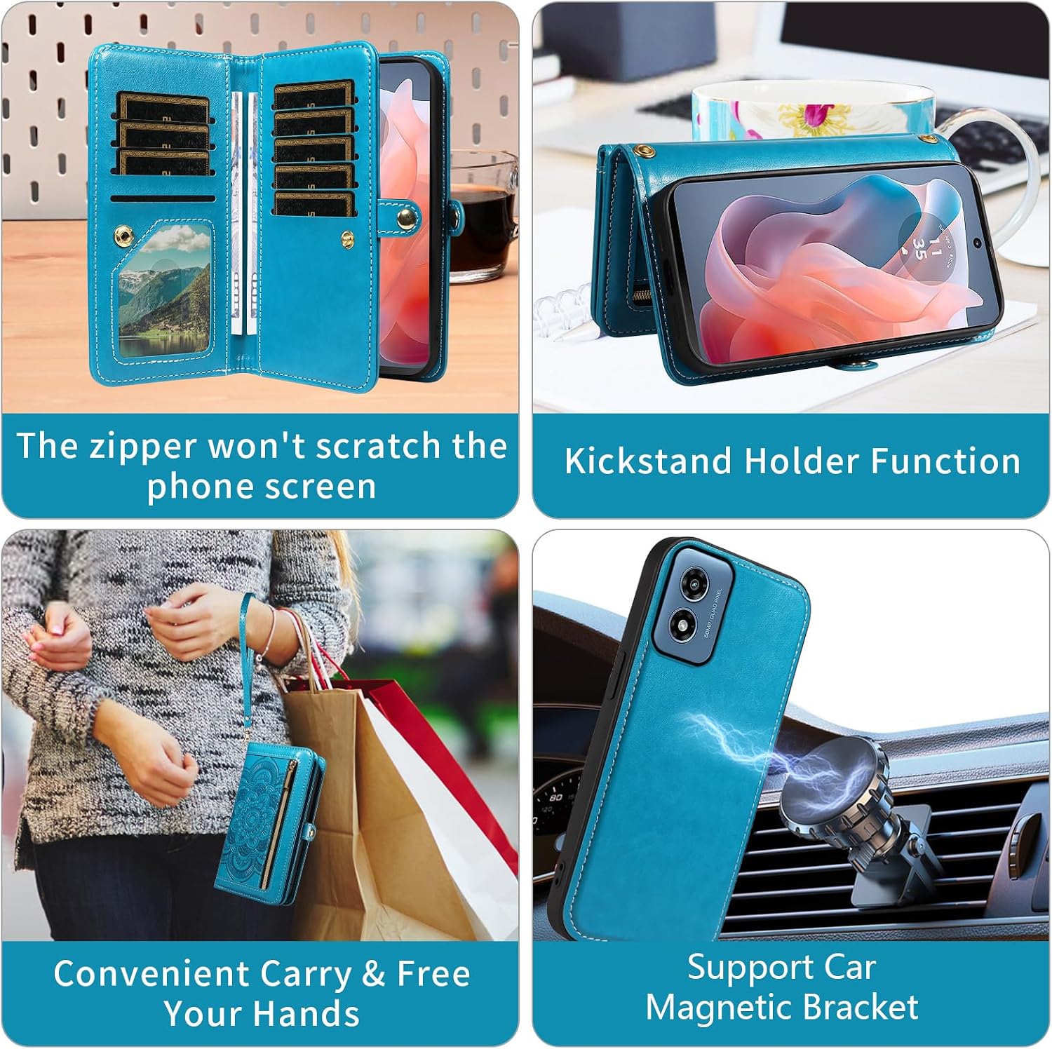 Asuwish Phone Case for Motorola Moto G Play 2024 4G Zipper Wallet Detachable Cell Cover with Tempered Glass Screen Protector Crossbody Strap Mandala Flower Card Holder XT2413V XT2413-1 64GB Women Blue
