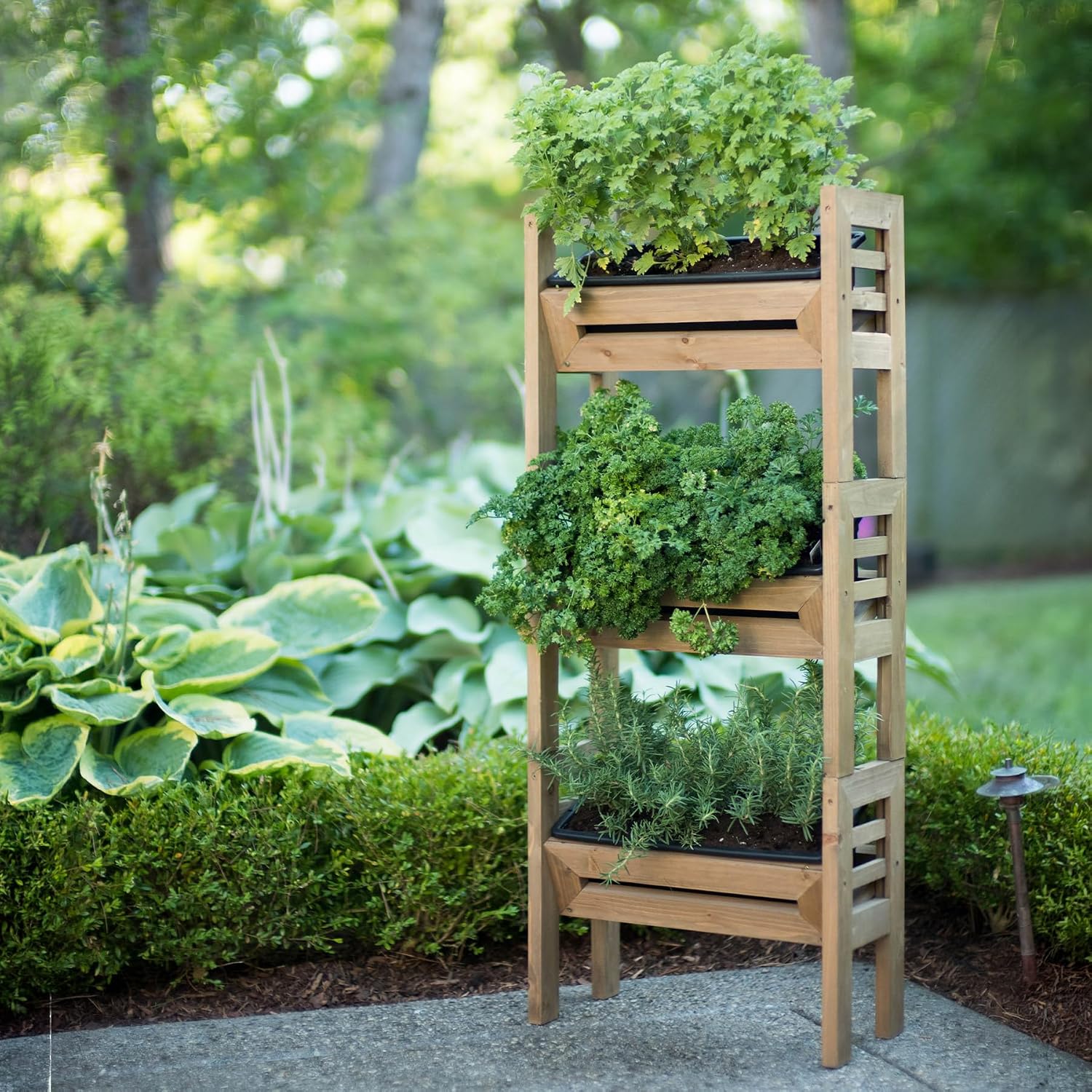 Algreen Stack’n Garden 3-Tier Modular Planter, Vertical Wood Garden System with 3 Resin Planters, Outdoor Herb and Flower Planter for Patios, Decks and Backyards
