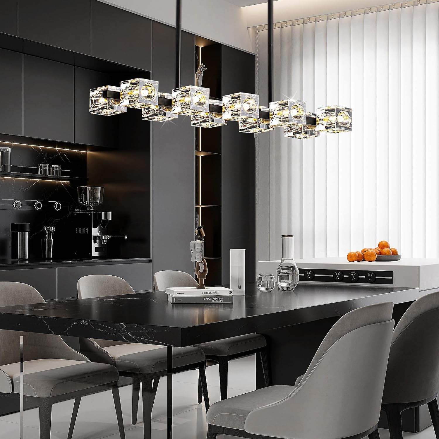 Modern Crystal Chandeliers for Dining Room,Black and Gold Pendant Lights Fixture with 10-Lights,Adjustable Height Hanging Ceiling Light for Kitchen Island,Bedroom,Over Table,Living Room