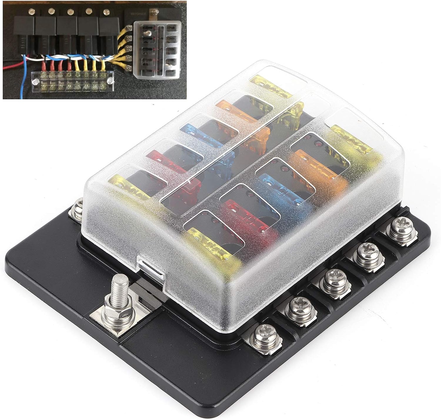 Auto Block, 10 Way Screw Nut Terminal Box Blade Block Holders with LED Indicator Blade Box For Auto Car Truck Marine Boat
