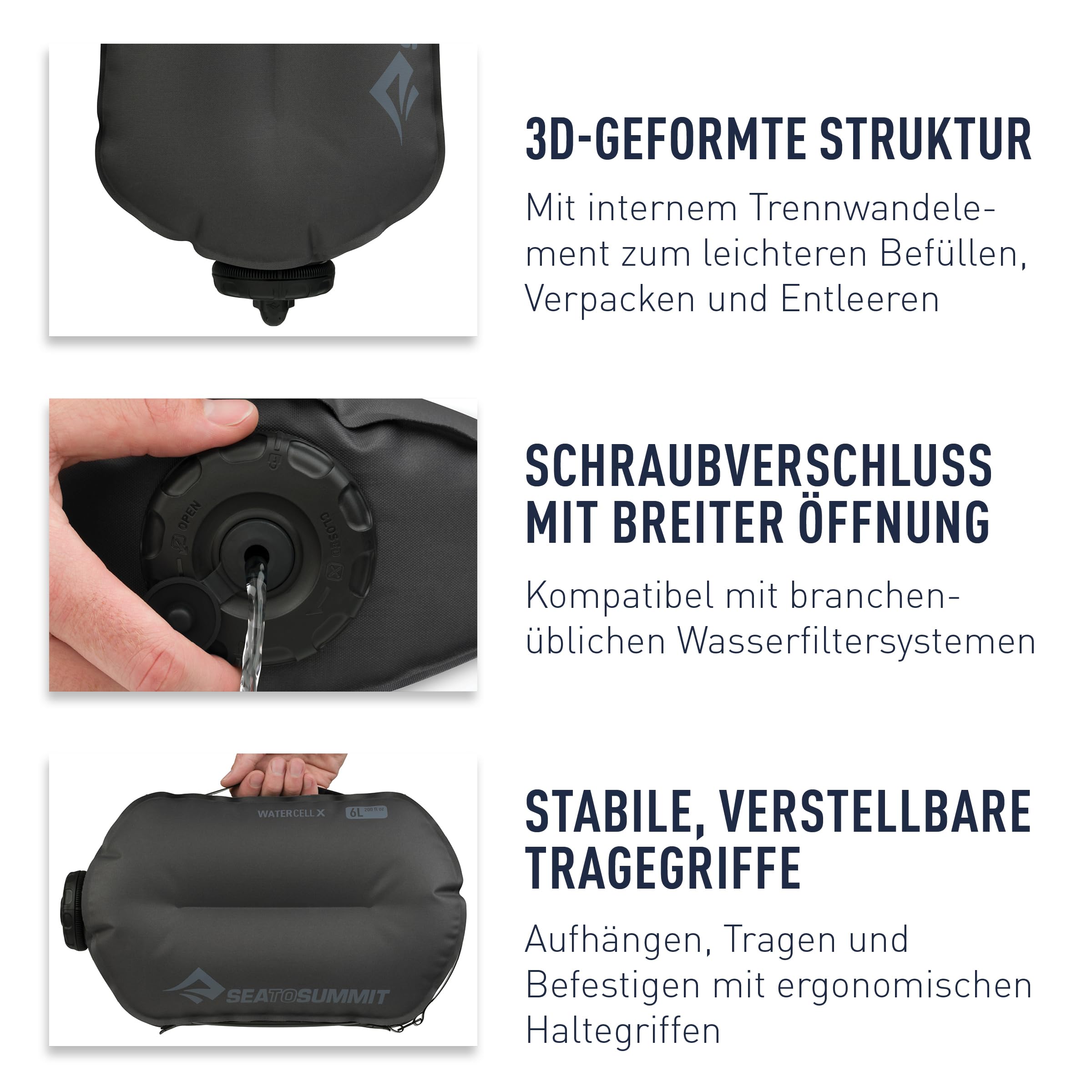 Sea to Summit - Watercell X 6L - Wasserbehälter & -Spender - Durchflusskontrolle & Duschkopf - BPA-freie Innenbeschichtung aus TPU - Kompakt - Wandern & Camping - 35 x 23 x 10cm - Grey - 195g