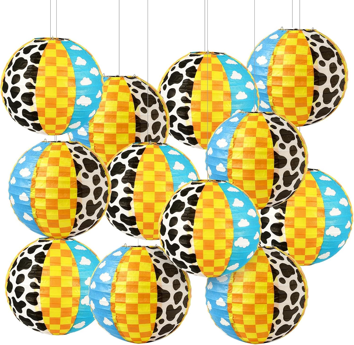 12 Pack 8 Inch Cartoon Story Paper Lanterns for Party Decorations | Blue Sky Cloud Cow Hanging Round Lanterns for Kids Boys Birthday Party Baby Shower Home Back to School Classroom Decor