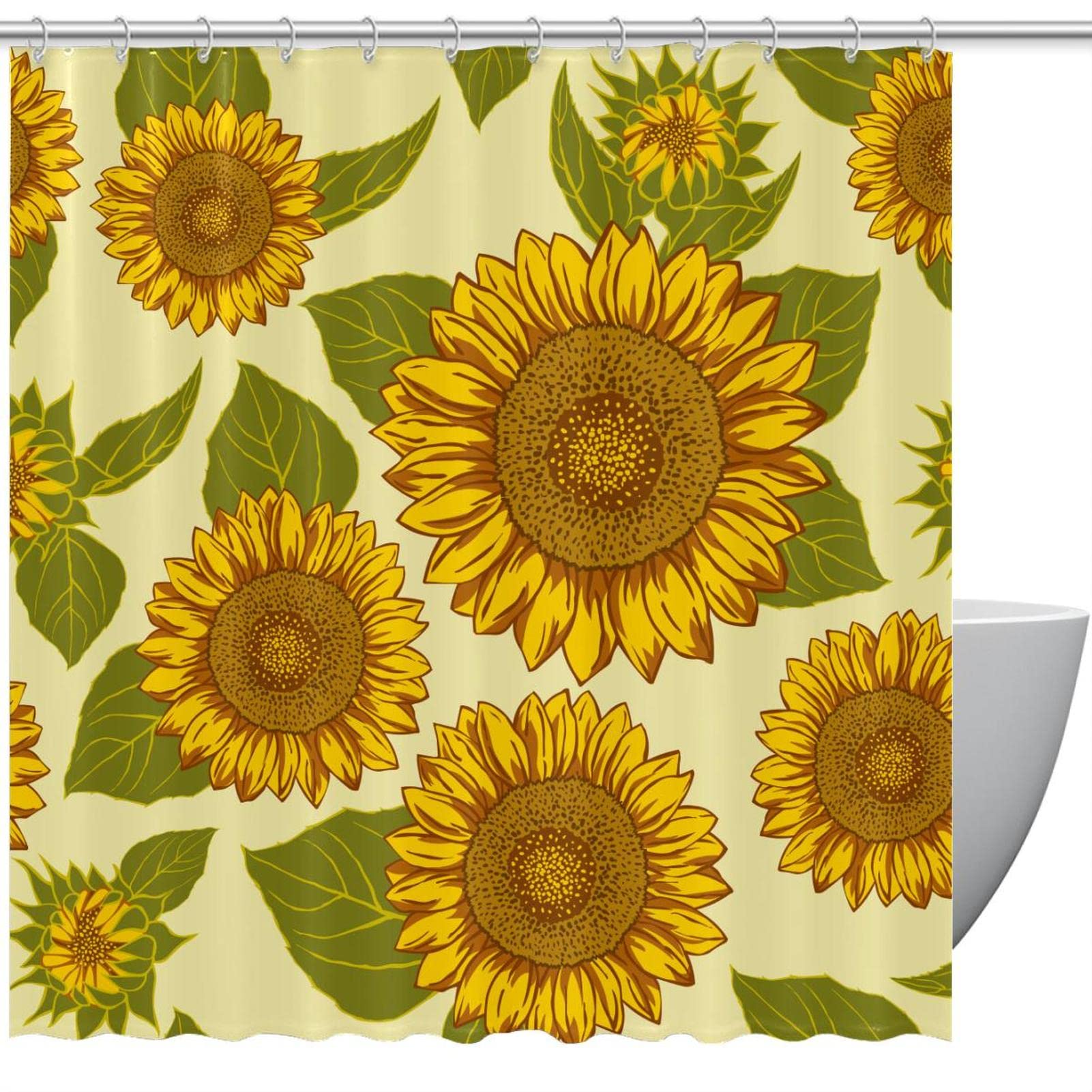 Rideau de douche tournesol 152x182 cm avec 12 crochets pour baignoire salle de bain