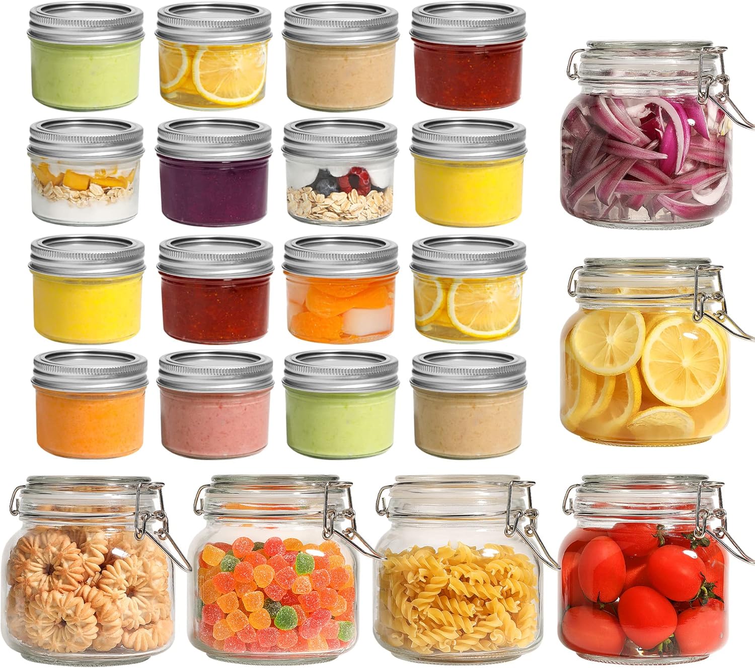 ComSaf 25oz Airtight Glass Canisters with Lids Set of 6 with Mini Mason Jars 4oz - 16 Pack, Regular Mouth Mason Jar with Lids and Seal Bands, Small Glass Canning Jar for Spice, Jam