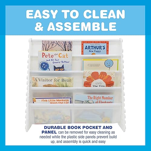 Miniatura 7 de UNiPLAY Organizador de almacenamiento de libros de 4 niveles para niños con bolsillos para libros, estantería de plástico para sala de juegos, se