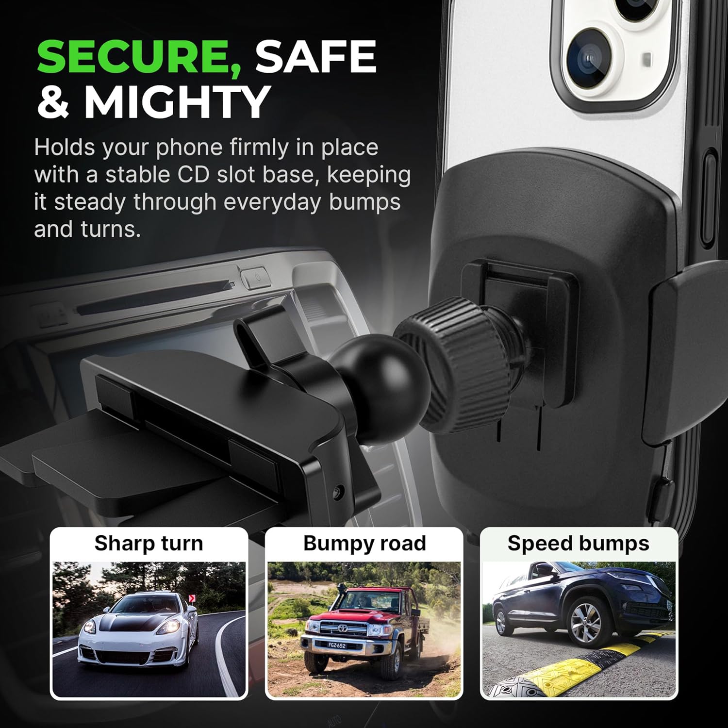 Simple CD Cradle Phone Mount - Upgraded Hands-Free Car Phone Holder - Thick Case Friendly - Mount for CD Player - Compatible with iPhone 12-17 & iPhone Air, Android - Black