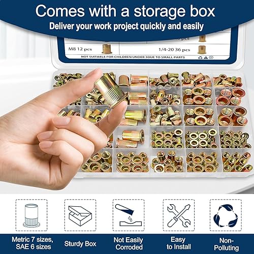 Miniatura 5 de Kit surtido de tuercas remachables métricas y SAE (420 unidades), m3 m4 m5 m6 m8 m10 m12#6-32#8-32#10-24 1/4"-20 5/16"-18 3/8"-16 UNC Juego