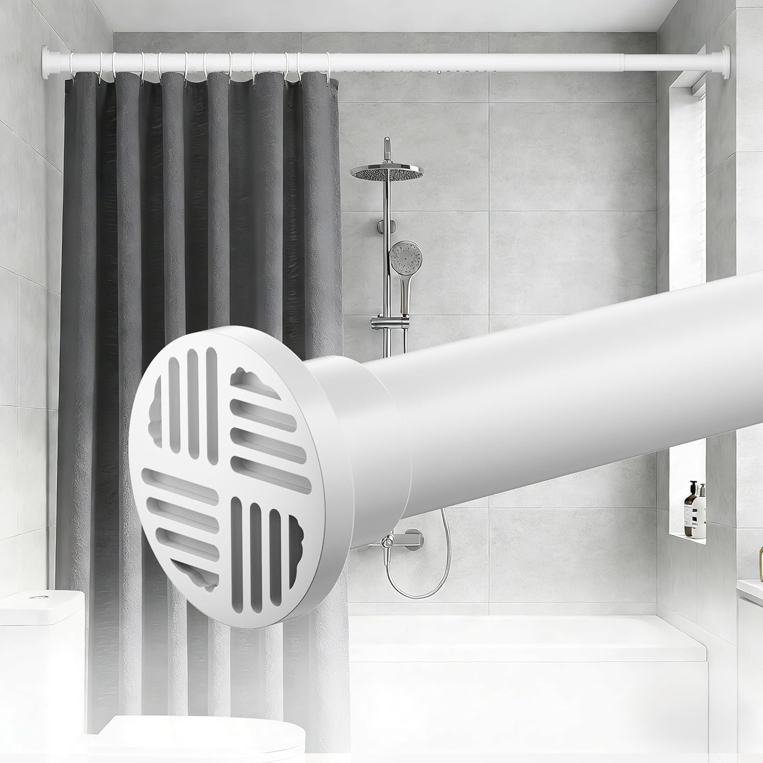 No-Twist Shower Curtain Rod by EZFurni, 42–82 Inch Heavy Duty Tension Rod with Lock-In Stability, No Drill, Spring-Loaded Non-Slip Secure Hold for Bathroom, Window, Closet, 1.26" Diameter, White