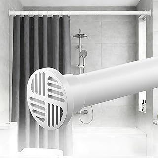 No-Twist Shower Curtain Rod by EZFurni, 42–82 Inch Heavy Duty Tension Rod with Lock-In Stability, No Drill, Spring-Loaded Non-Slip Secure Hold for Bathroom, Window, Closet, 1.26" Diameter, White