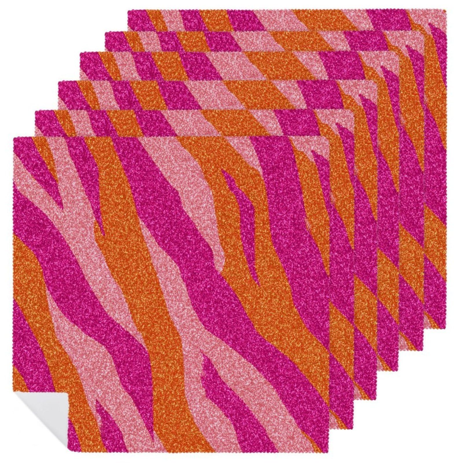 Hot Pink Orange Glitter Zebra Stripes Minimalistic Cloth Napkins Set of 6, Square Premium Reusable Washable Polyester Table Linen Napkin for Dinner Party