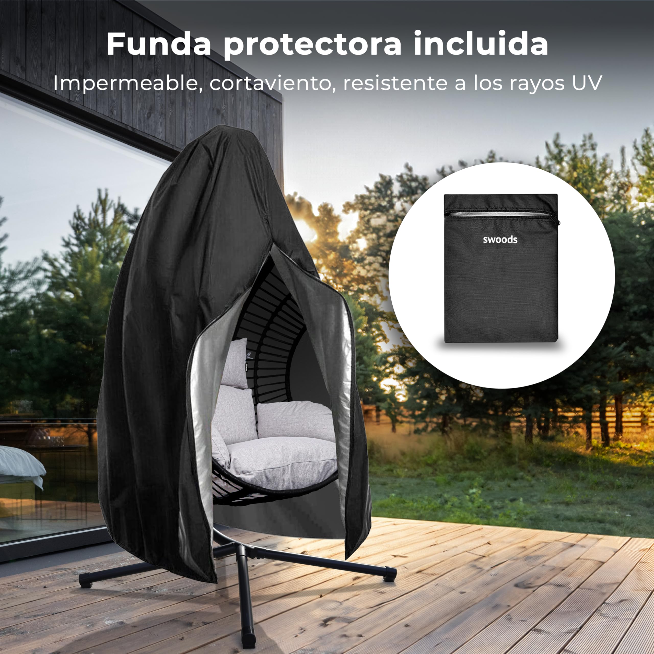 Swoods XXL Silla Colgante de Jardín - para Interior y Exterior - Silla Colgante con Base - Incluye Cojines y Funda Protectora- Resistente a la Intemperie - Carga máxima 150 kg (Gris Claro)