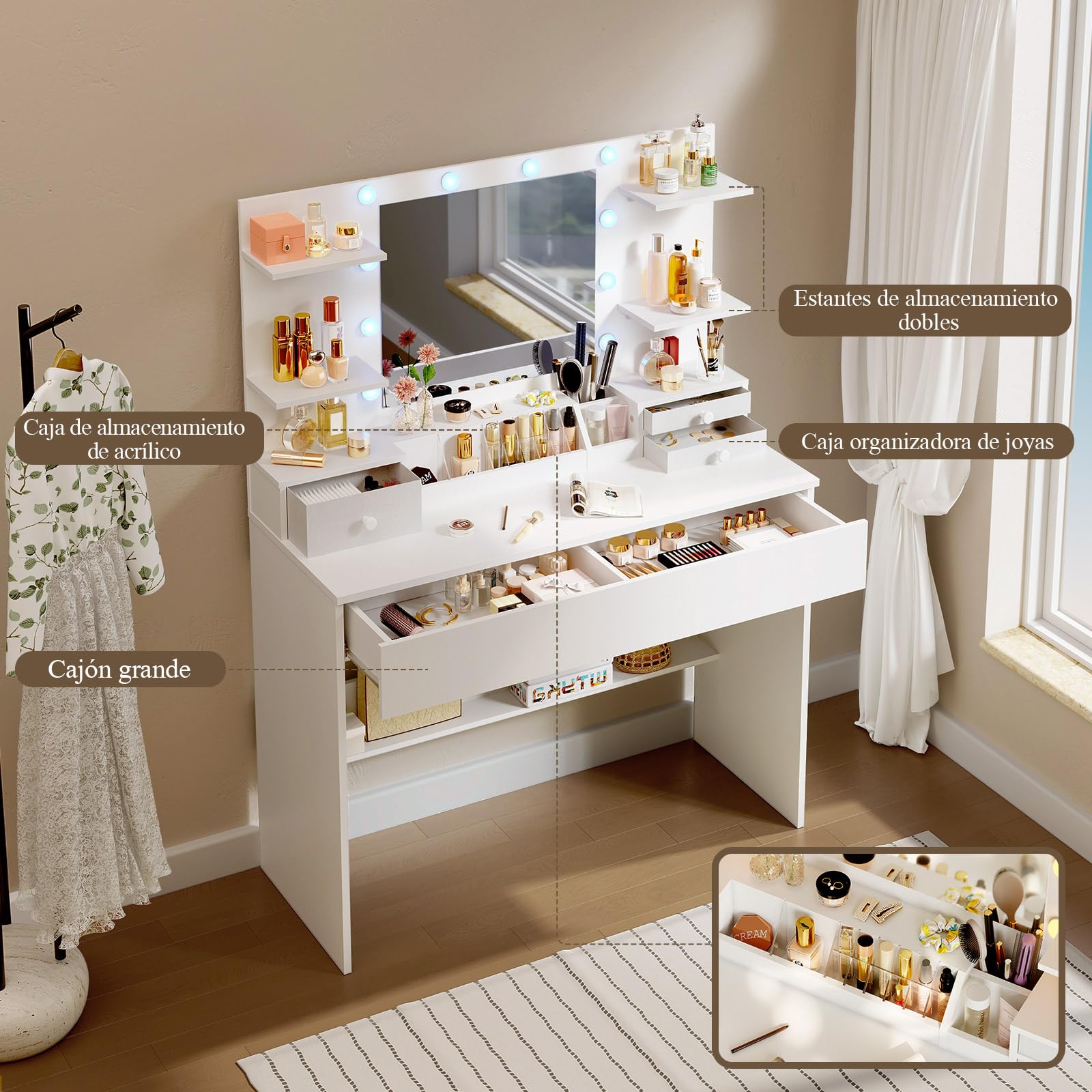 Coleshome Tocador de Maquillaje con Espejo LED y 10 Luces, Mesa de Maquillaje, Tocador Blanco con Cajones, Organizador y Estantes, Moderno para Dormitorio, 100x40x136cm
