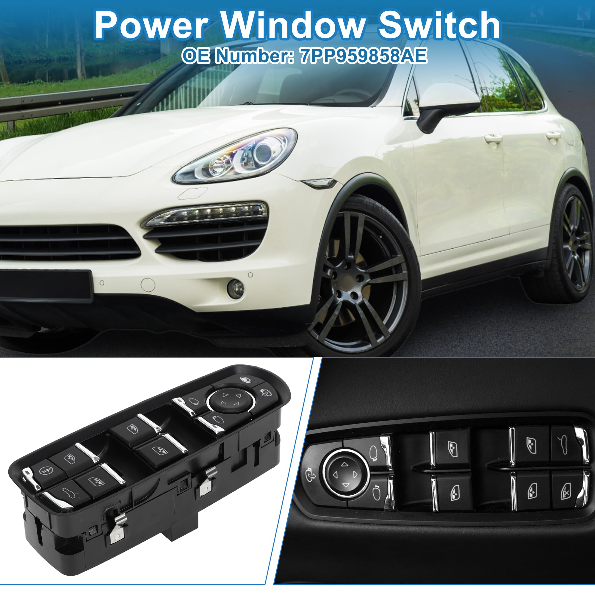 A ABSOPRO Interruttore Finestrino Elettrico Per Porsche Cayenne 18-20 1pc | Nero, Plastica E Metallo, 15 Pin, OE 7PP959858AE, Per Macan 15-18 & Panamera 11-16, Ant. Sin. Guida, Piegatura Specch.