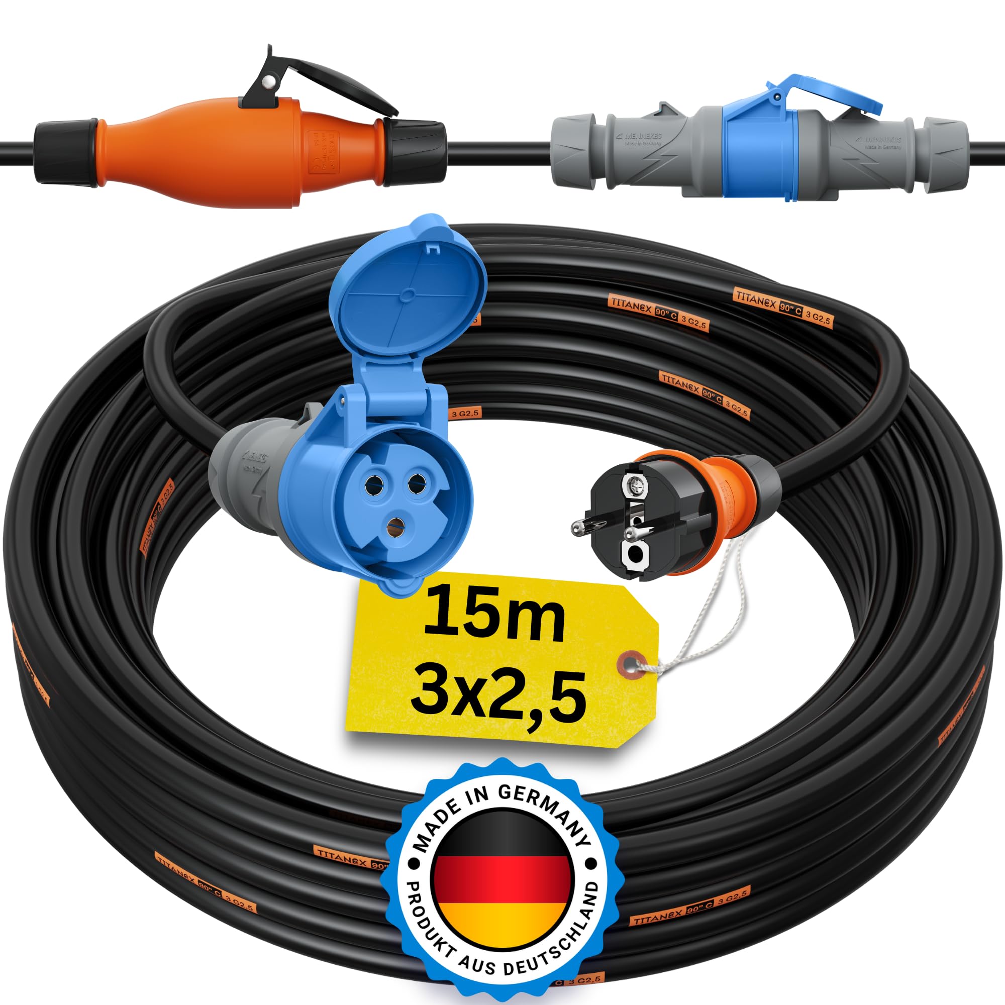 Schuko auf CEE Adapter 15m Camping Stromkabel TITANEX 3x2,5 Landstromkabel Wohnmobil Wohnwagen Kabel Camping Adapter 15 Meter Strom Verlängerungskabel CEE-Stecker Campingstecker