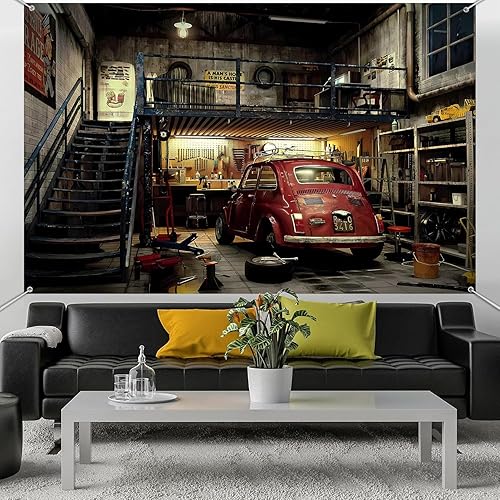 Miniatura 6 de HANYING Telón de fondo de taller de reparación de automóviles de 7 x 5 pies, fondo fotográfico retro de garaje, mecánico clásico para decoración de
