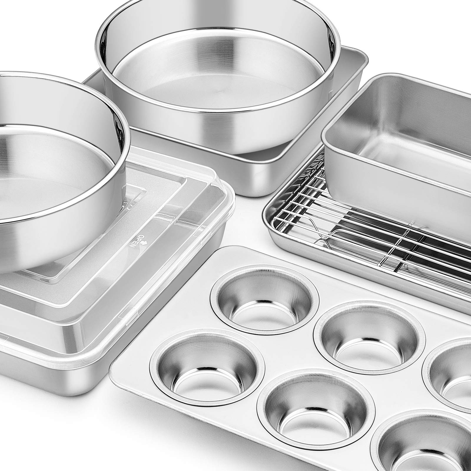 E-far E-far - Juego de moldes para hornear de acero inoxidable, 9 piezas, incluye moldes redondos y cuadrados de metal, bandeja rectangular con tapa, molde para pan, molde para magdalenas, bandeja