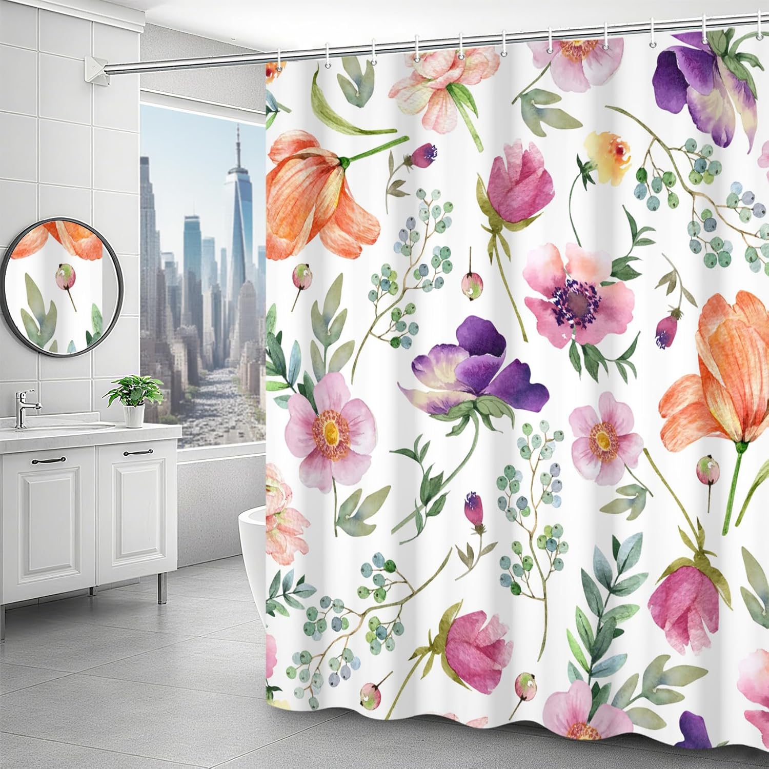 Colorful Floral Shower Curtain Plant Pattern Leaves Flower Bathroom Curtain Art Asthetic Home Fabric Decor Shower Curtain Waterproof with Hooks 72x96 Inch