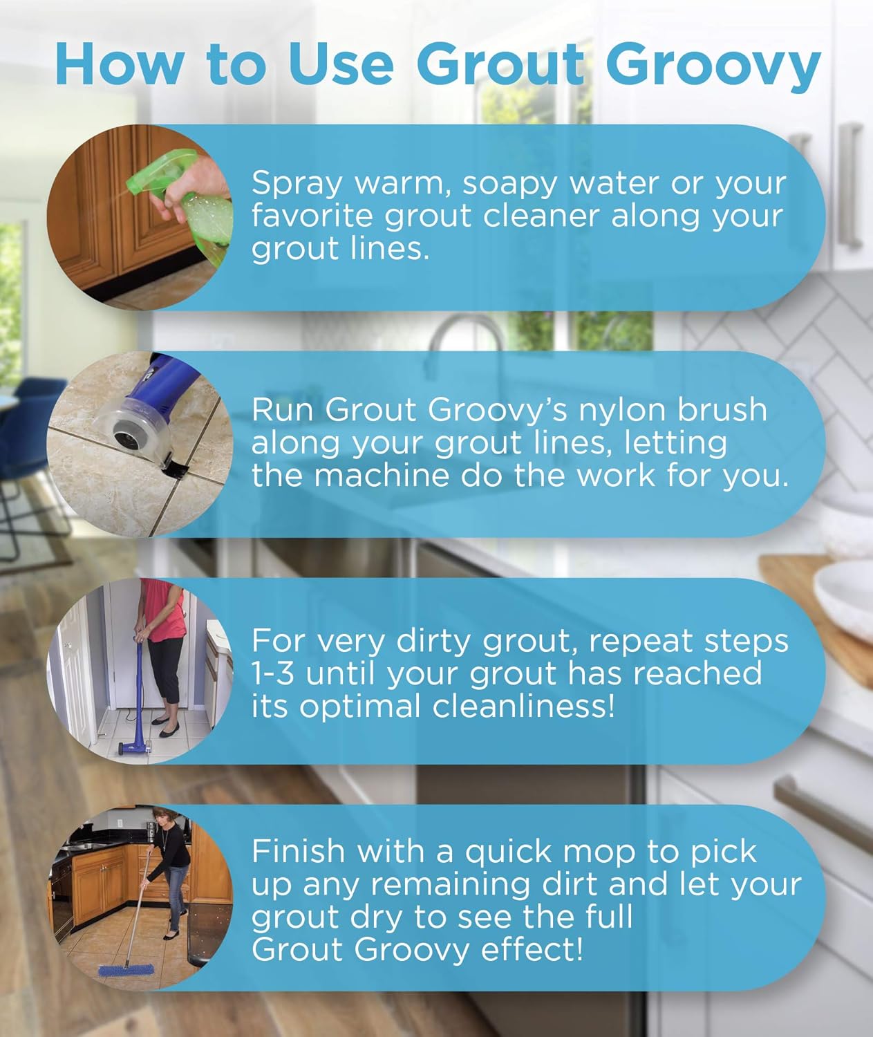 Grout Groovy Grout Cleaner Bundle | 1 Electric Stand Up Grout Cleaner Machine with 20’ Cord | 3 Brush Wheels | 1-4oz Super Cleaner | 1 Grout Hand Brush | 1 Microfiber Cloth | Floor Tile Grout Cleaner : Tools & Home Improvement