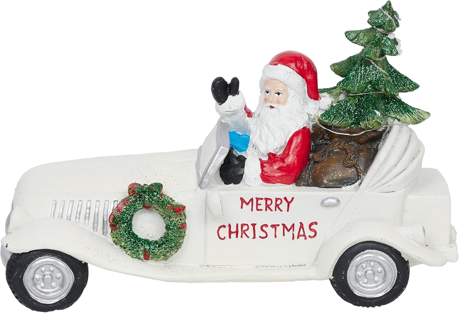 Alpine Corporation 7" Tall Merry Christmas Santa in Vintage White Car Statue with LED Lights, Holiday Decoration for Tabletop, Shelf, Mantel, or Entryway Display
