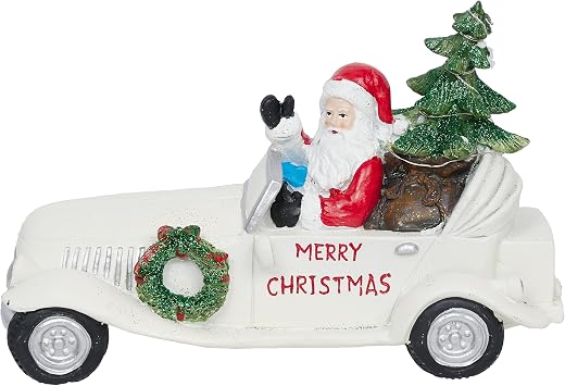 Alpine Corporation 7" Tall Merry Christmas Santa in Vintage White Car Statue with LED Lights, Holiday Decoration for Tabletop, Shelf, Mantel, or Entryway Display