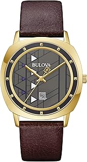 Mens Frank Lloyd Wright Hollyhock House Gold Tone Stainless Steel 3-Hand Quartz, Brown Leather Strap Style: 97A173, Gold-Tone and Gray