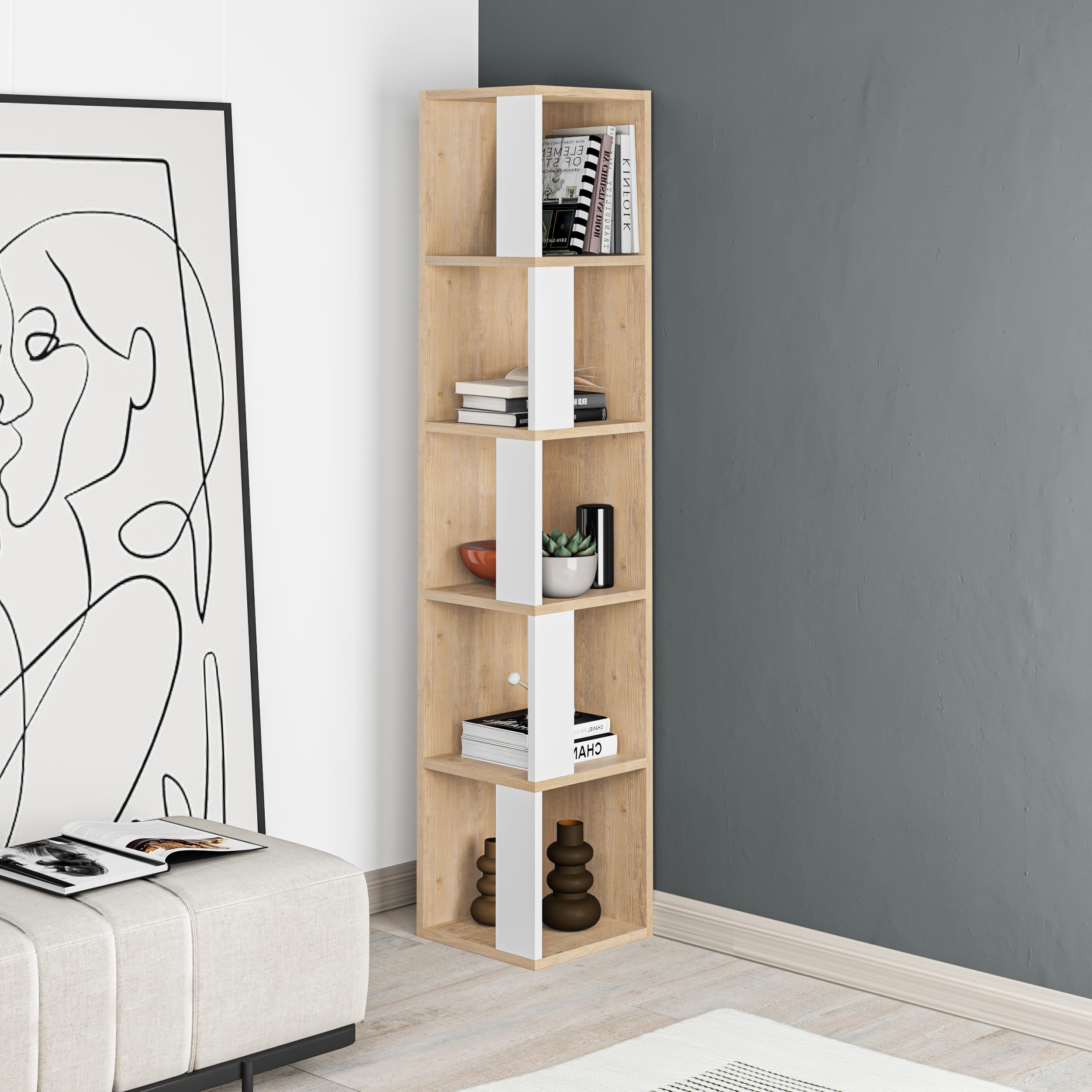 HOCUS PICUS 5 Tier Corner Bookcase with Many Colour Options, Oak, White