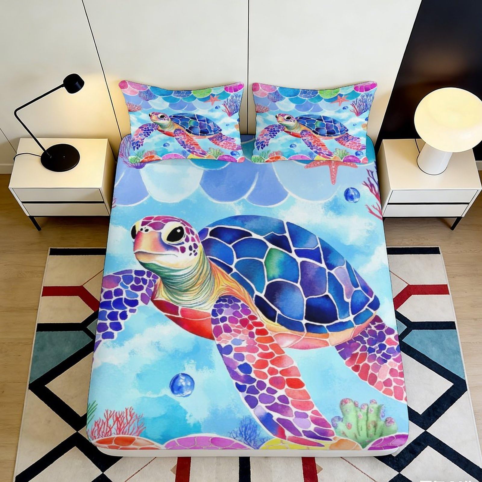 3D Printed Sea Turtle Fitted Sheet Microfiber Soft Colorful Ocean Mattress Cover for Bedroom Guest Room Decor 90x200x25cm