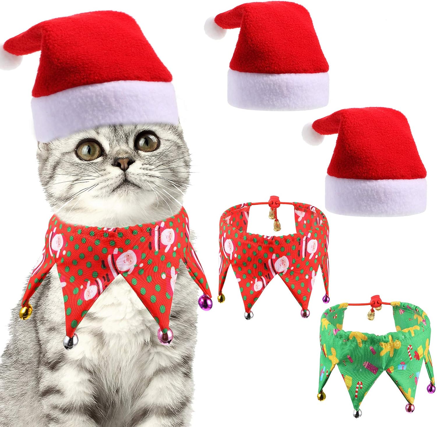 Christmas Cat Costume Cat Collar with Bells Pet Santa Hat Pet Holiday Accessories for Christmas Pet Cosplay Party, Total 4 Pieces