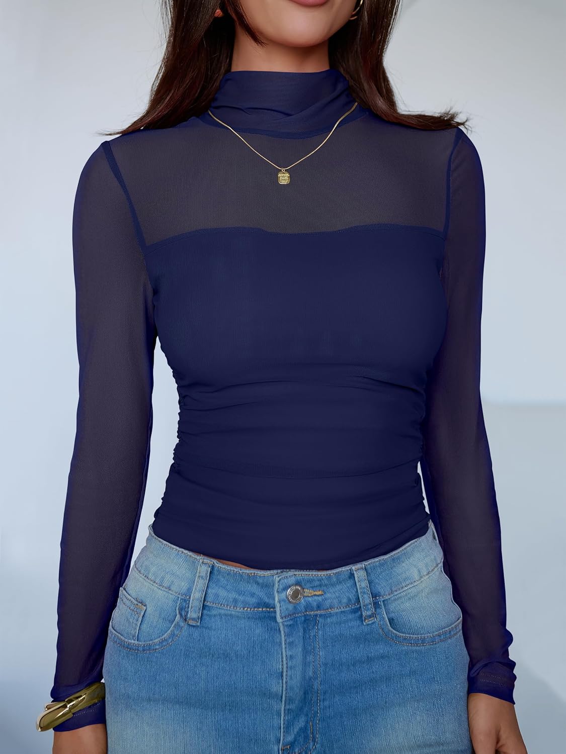 ANRABESS Womens Sexy Mesh Long Sleeve Shirts Trendy Mock Neck Sheer Ruched Going Out Tops Fall Slim Fit Blouses 2025 - Image 2