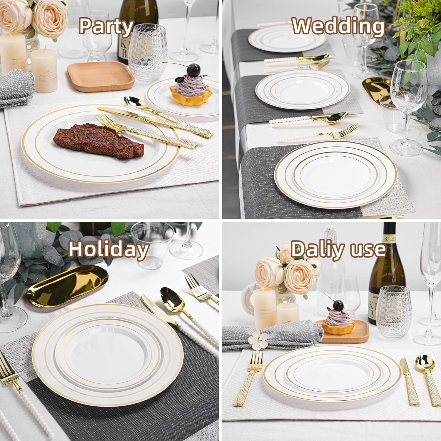 200PCS White Plastic Plates with Gold Rim, Disposable Heavy Duty Plastic Plate, 100 Dinner and 100 Dessert Plates for Party and Wedding - Image 5