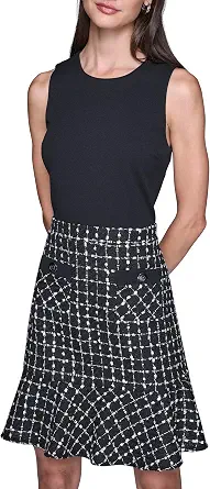 Karl Lagerfeld Women's Sleeveless Contrast Grid Tweed A-line Dress